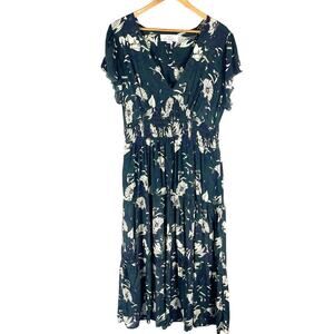 Trovata Birds of Paradis Dark Green Floral Short Sleeve Midi Dress Women's Large